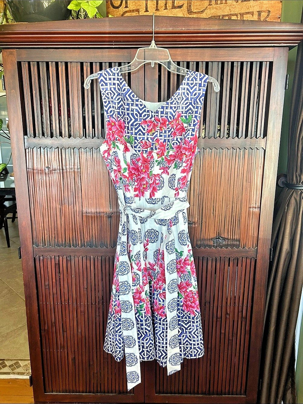 Talbots Blue Pink Falling Floral Geometic Midi Dress Size 14P zipper & pockets